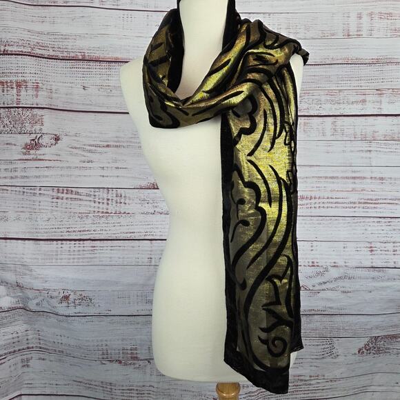 Style & Co Retro Scarf Black Velvet Gold Metallic Whimsigoth Shimmer Holiday NWT - Picture 4 of 10